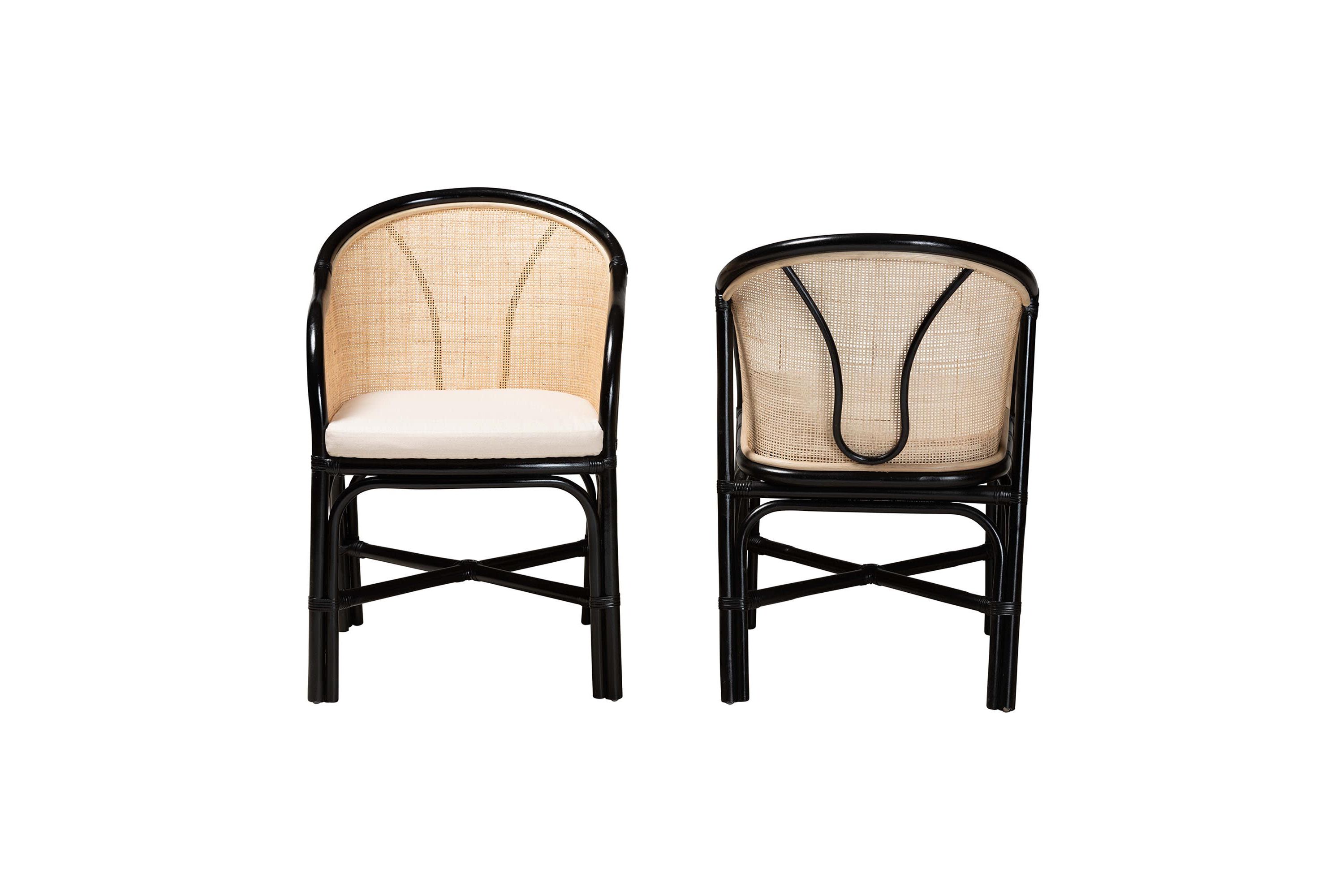 Miranda Modern Bohemian Two-Tone Black and Natural Brown Rattan 2-Piece Dining Chair Set