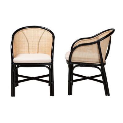 Miranda Modern Bohemian Two-Tone Black and Natural Brown Rattan 2-Piece Dining Chair Set