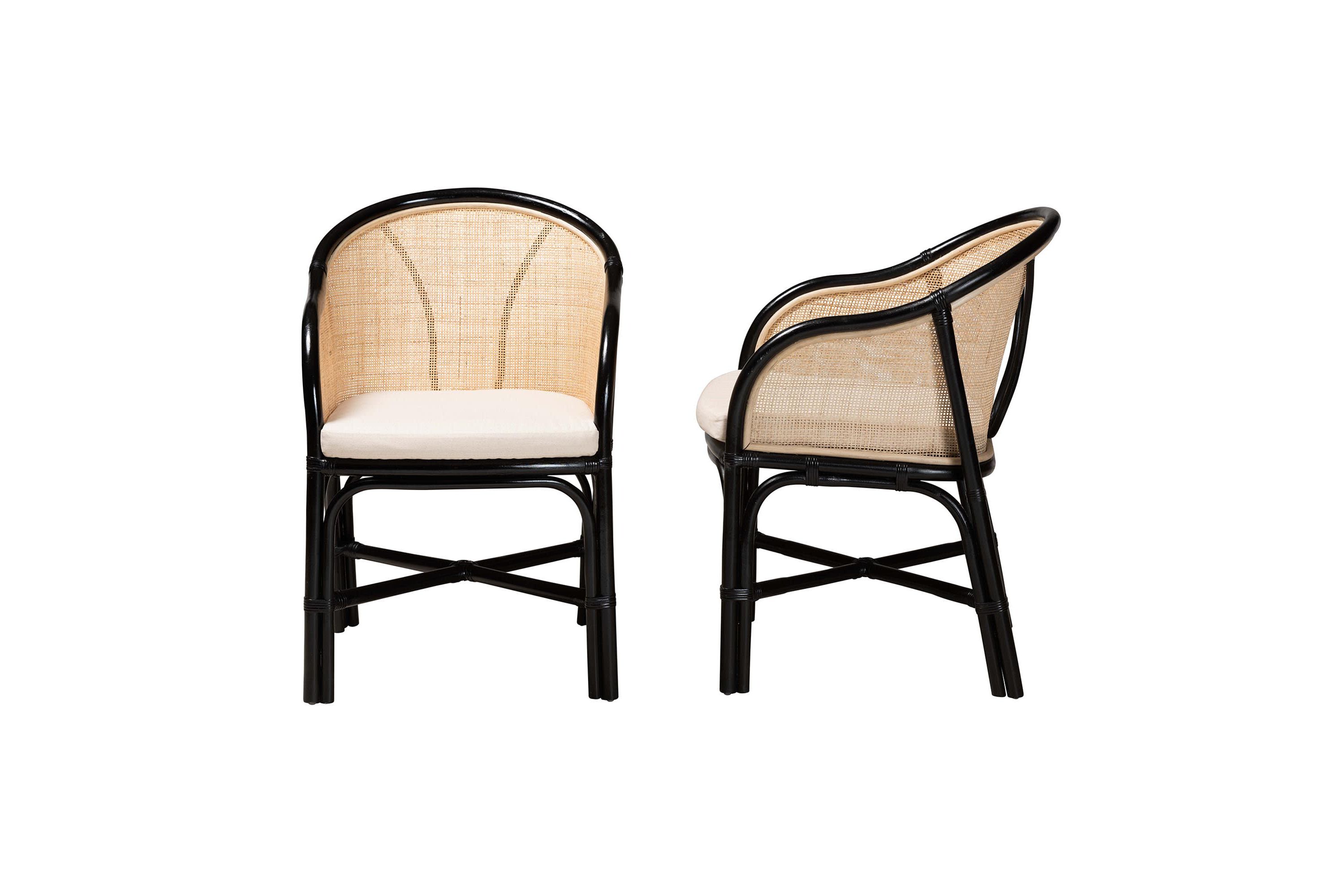 Miranda Modern Bohemian Two-Tone Black and Natural Brown Rattan 2-Piece Dining Chair Set