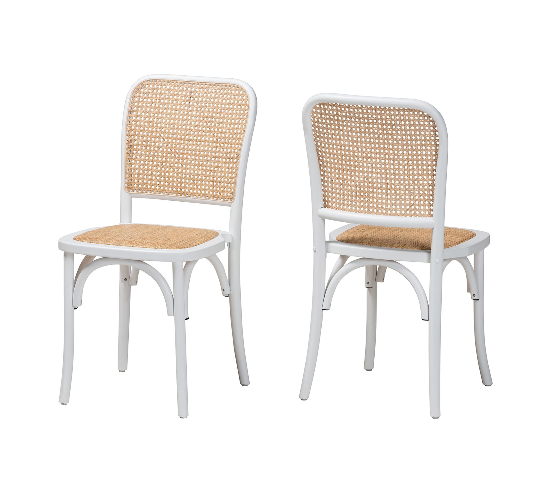 Neah Japandi White Wood and Natural Rattan 2-Piece Dining Chair Set