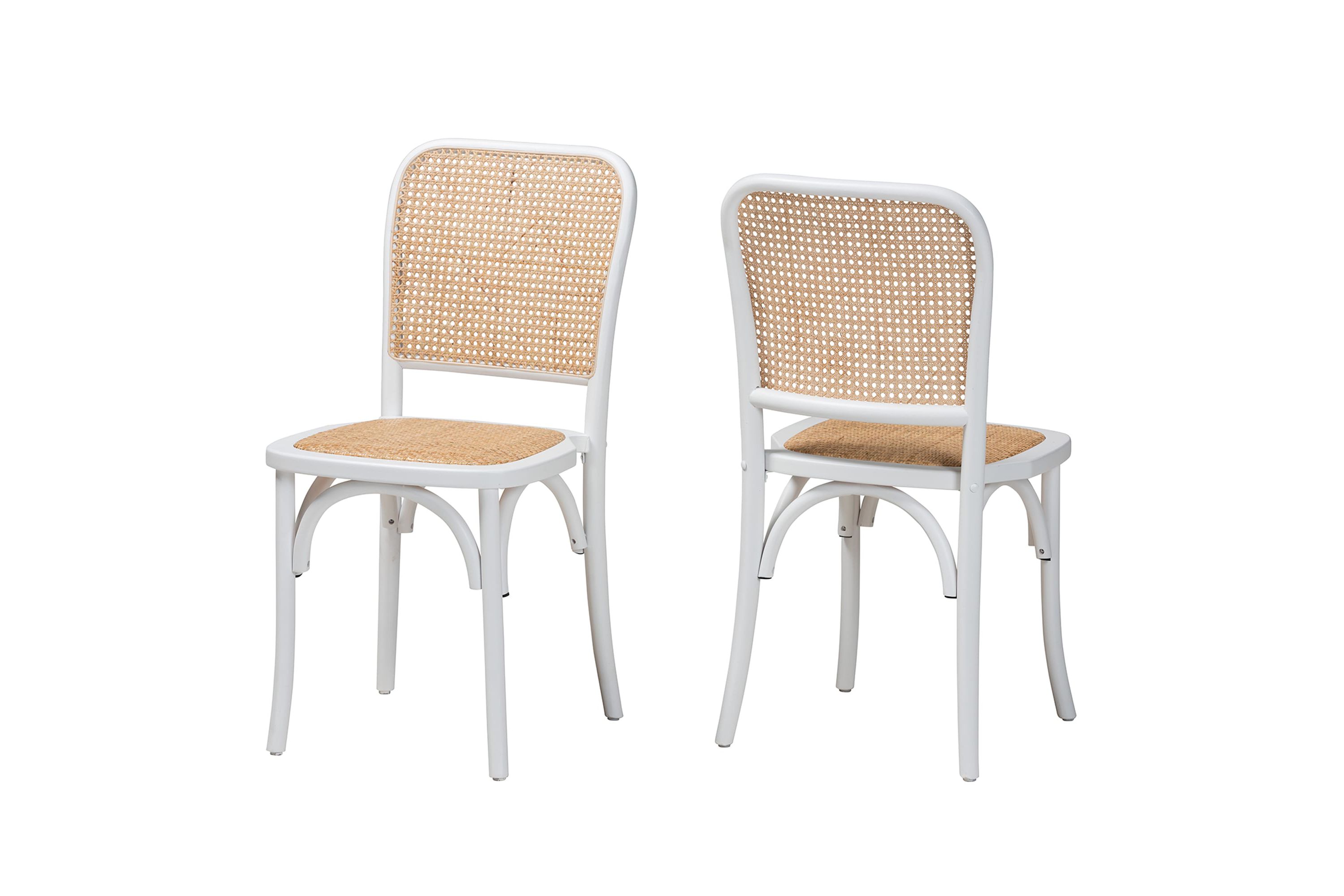 Neah Japandi White Wood and Natural Rattan 2-Piece Dining Chair Set