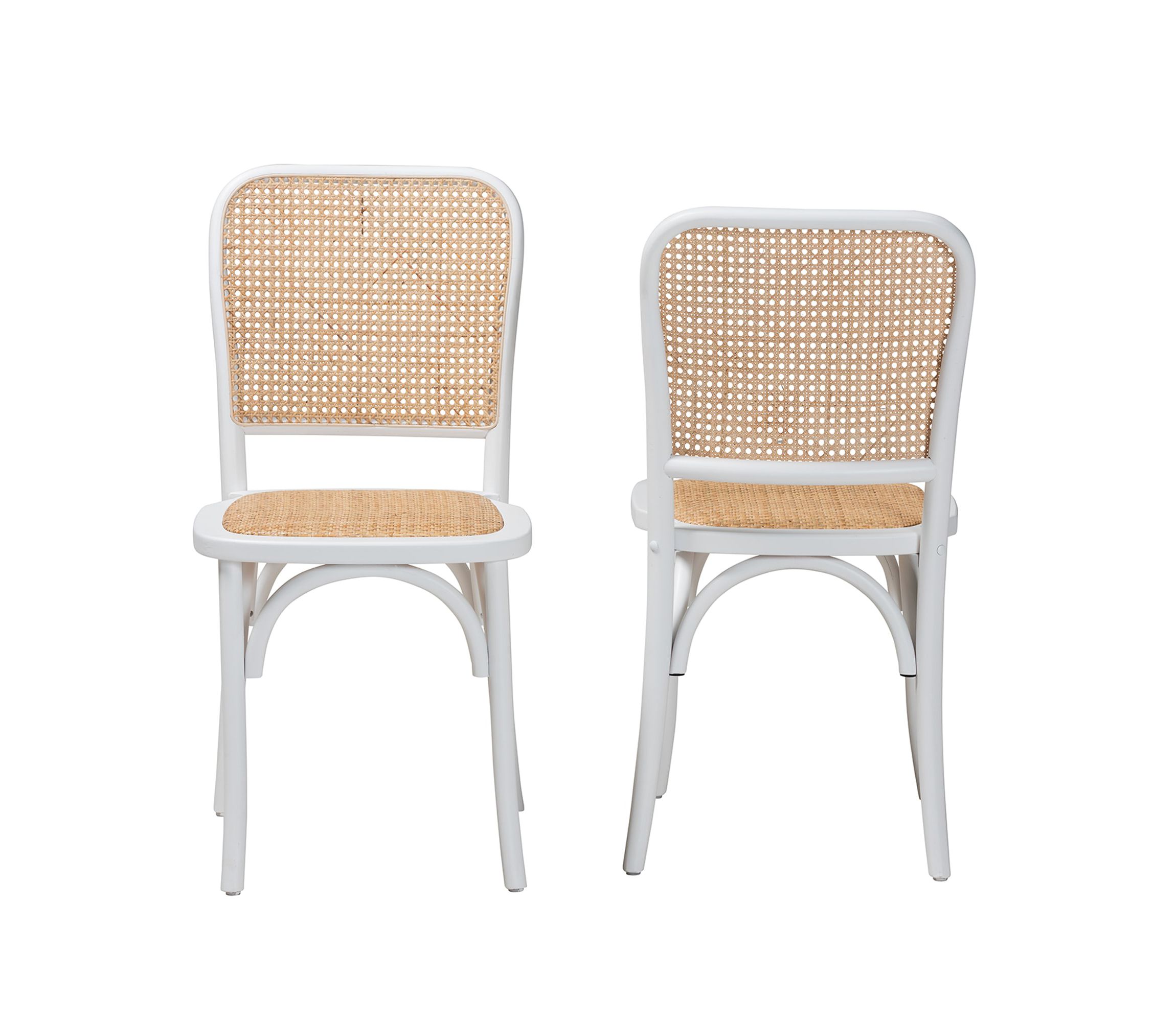 Neah Japandi White Wood and Natural Rattan 2-Piece Dining Chair Set