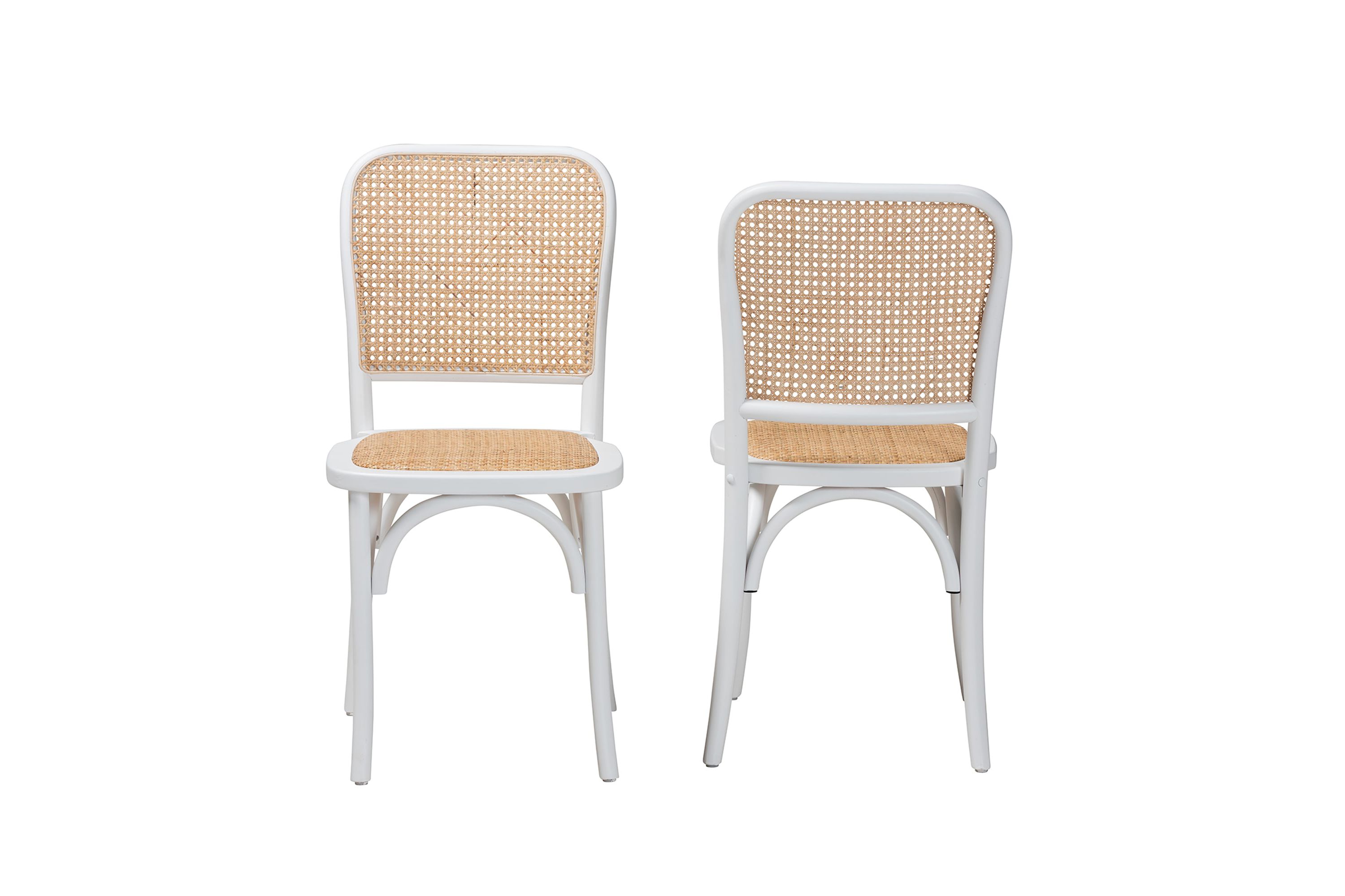 Neah Japandi White Wood and Natural Rattan 2-Piece Dining Chair Set