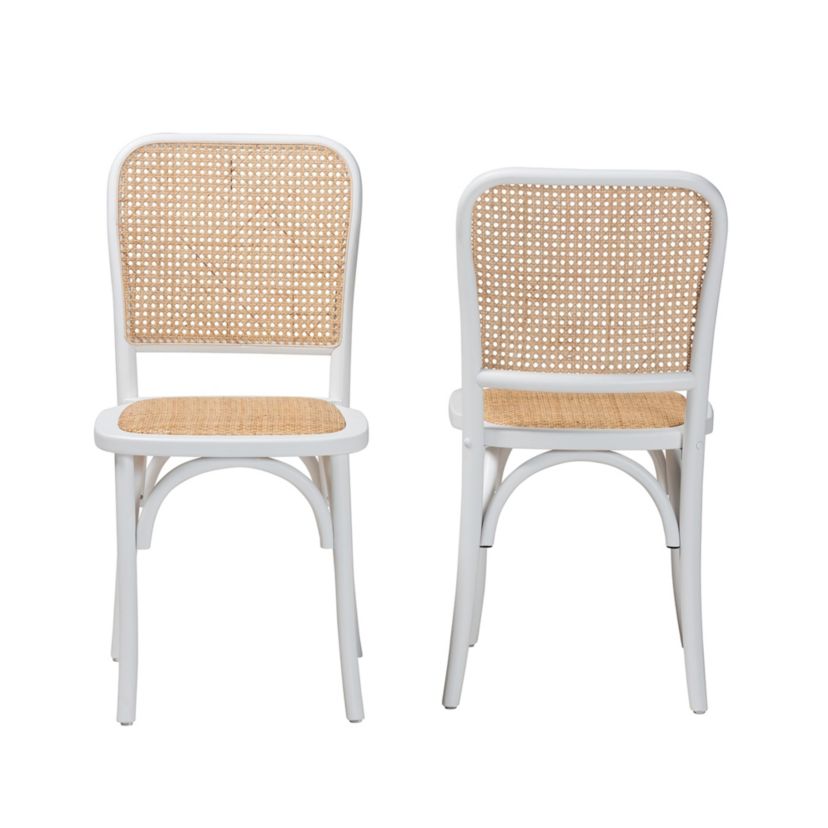 Neah Japandi White Wood and Natural Rattan 2-Piece Dining Chair Set