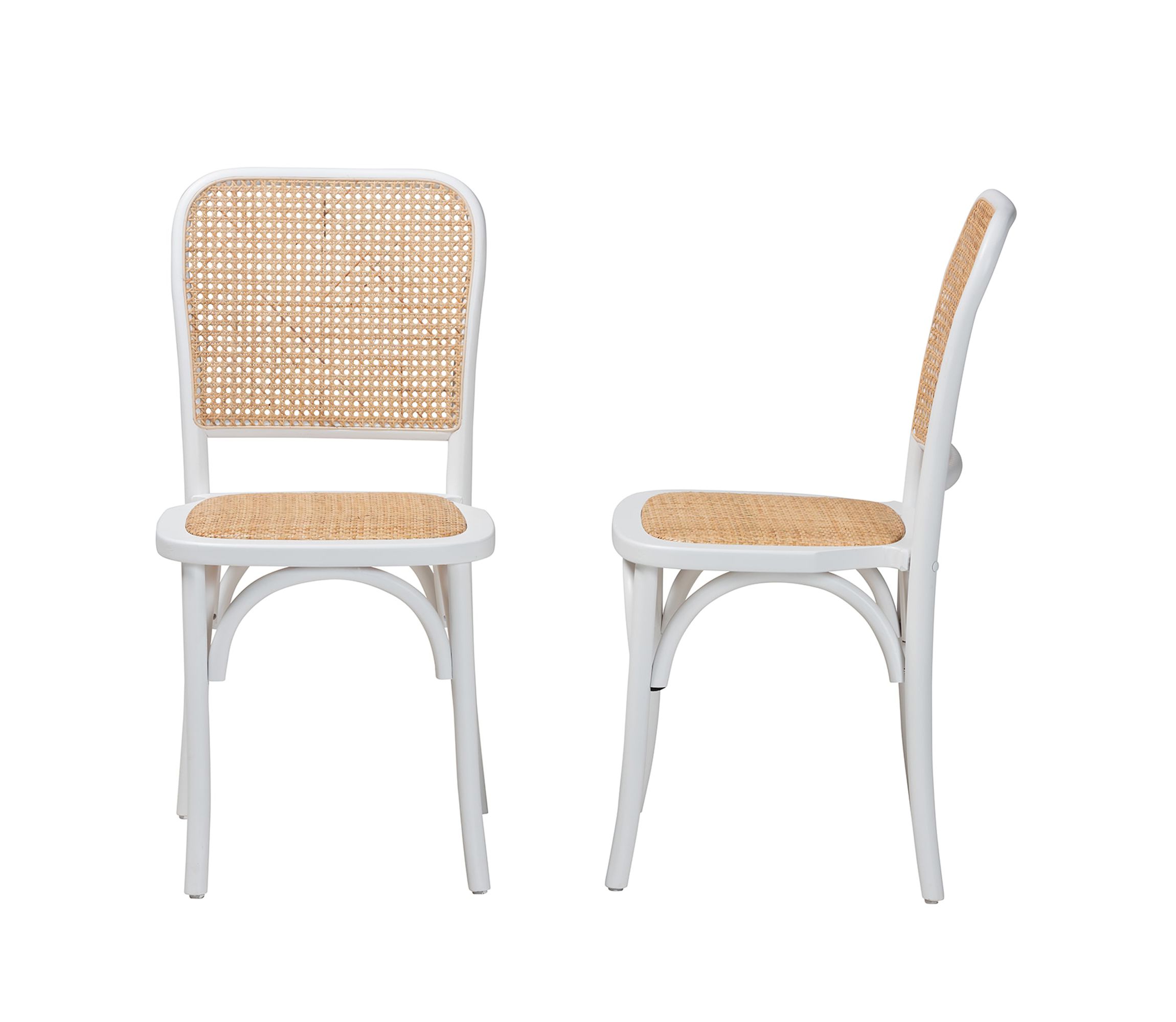 Neah Japandi White Wood and Natural Rattan 2-Piece Dining Chair Set
