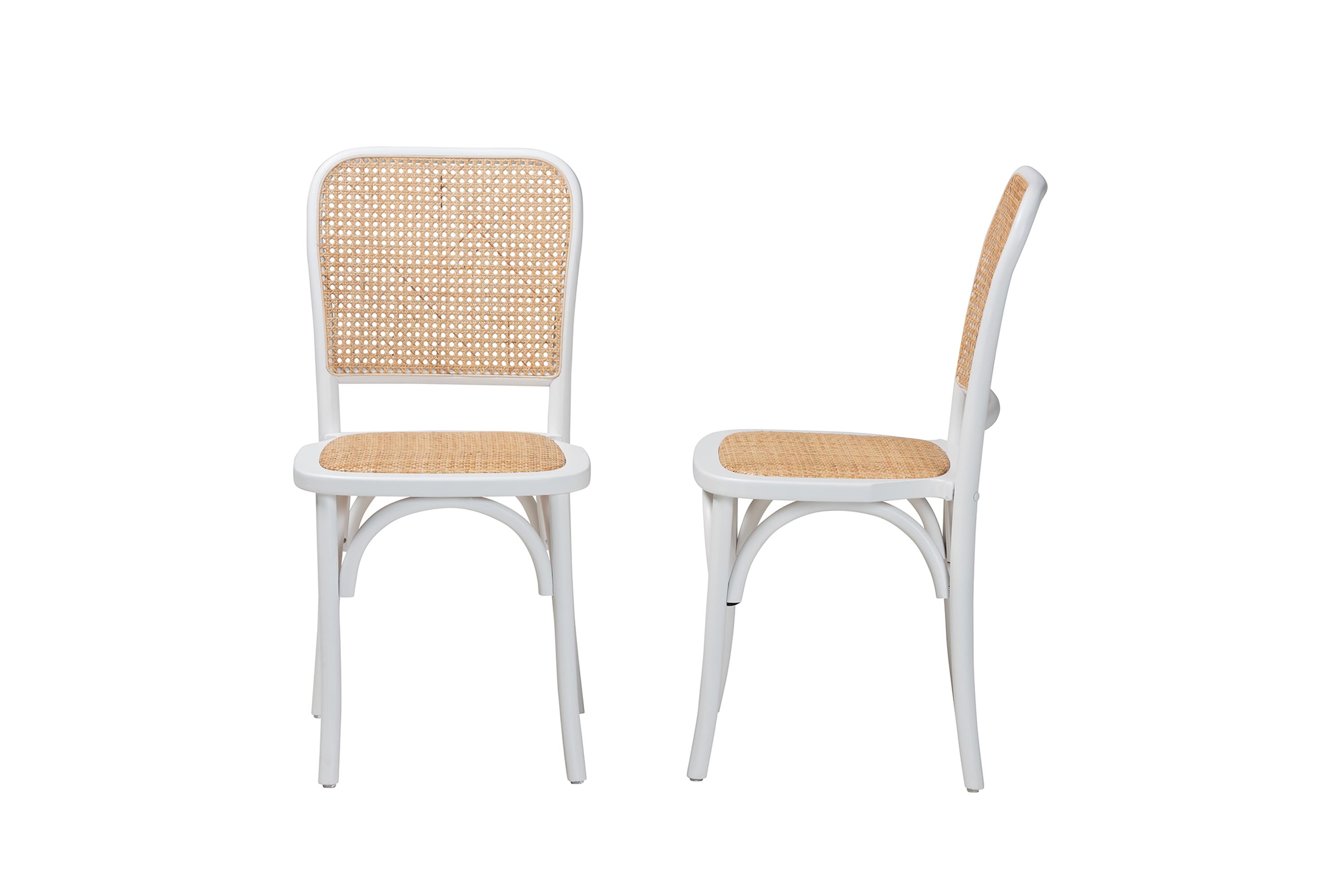Neah Japandi White Wood and Natural Rattan 2-Piece Dining Chair Set