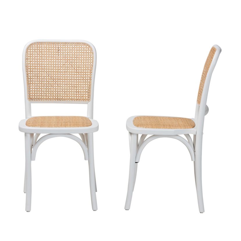 Neah Japandi White Wood and Natural Rattan 2-Piece Dining Chair Set