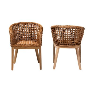 Mario Modern Bohemian Natural Brown Finished Teak Wood and Rattan 2-Piece Dining Chair Set