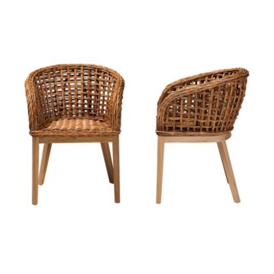 Mario Modern Bohemian Natural Brown Finished Teak Wood and Rattan 2-Piece Dining Chair Set