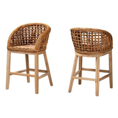 Mario Modern Bohemian Natural Brown Finished Teak Wood and Rattan 2-Piece Counter Stool Set