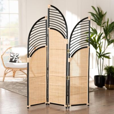 bali & pari Rasia Modern Bohemian Two-Tone Black and Natural Brown Rattan Room Divider