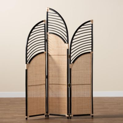 bali & pari Rasia Modern Bohemian Two-Tone Black and Natural Brown Rattan Room Divider