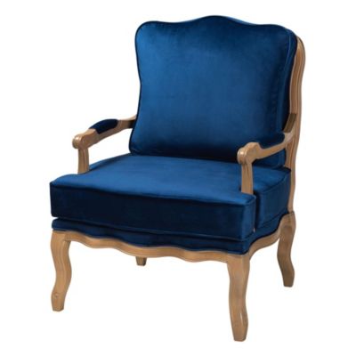 Jules Traditional Navy Blue Fabric and French Oak Brown Finished Wood Accent Chair