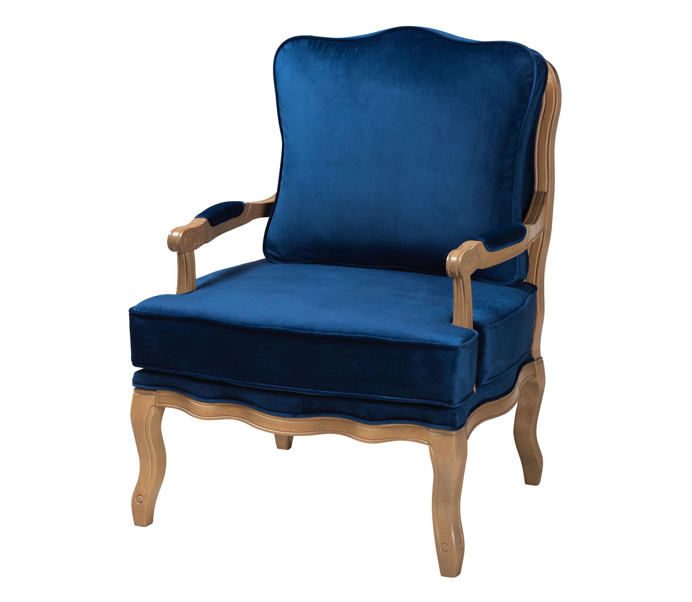 Jules Traditional Navy Blue Fabric and French Oak Brown Finished Wood Accent Chair