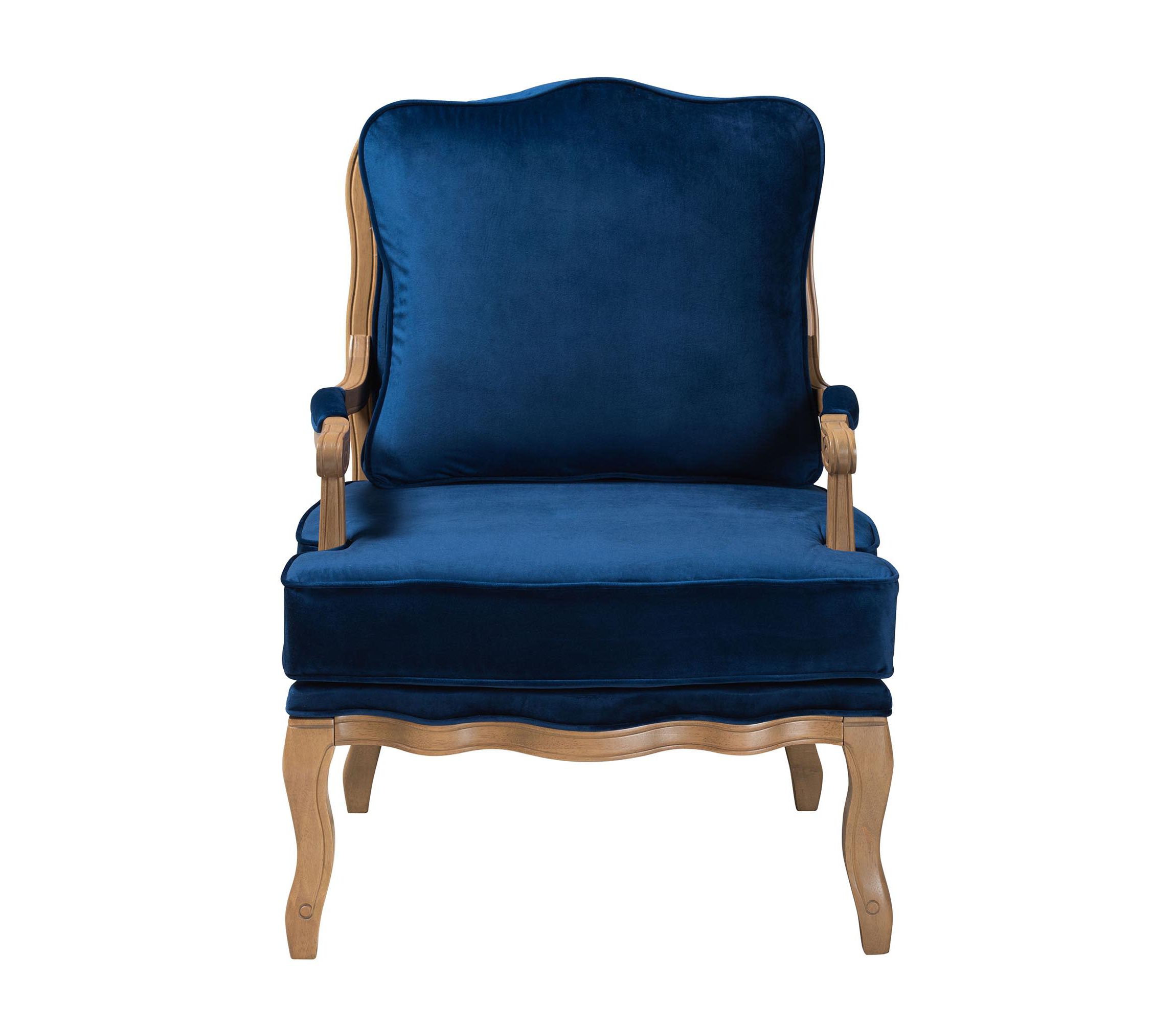 Jules Traditional Navy Blue Fabric and French Oak Brown Finished Wood Accent Chair