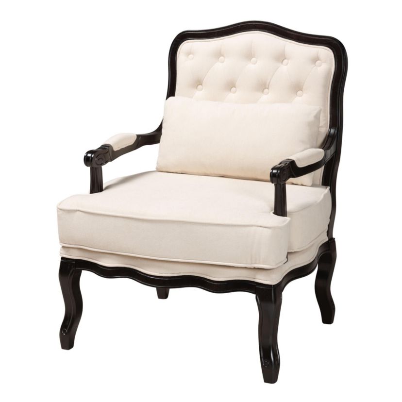 Dion Traditional French Cream Fabric and Wenge Brown Finished Wood Accent Chair