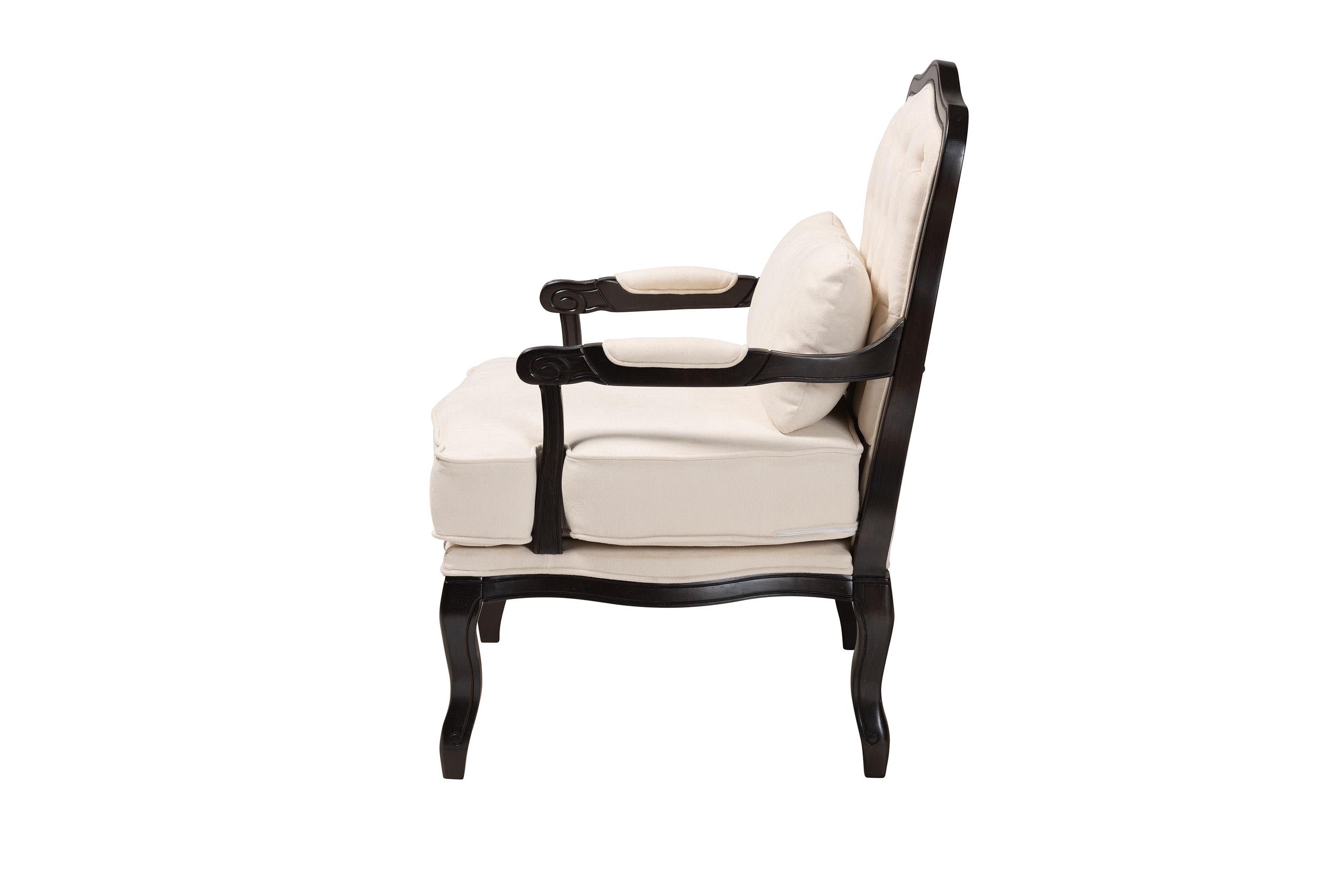 Dion Traditional French Cream Fabric and Wenge Brown Finished Wood Accent Chair