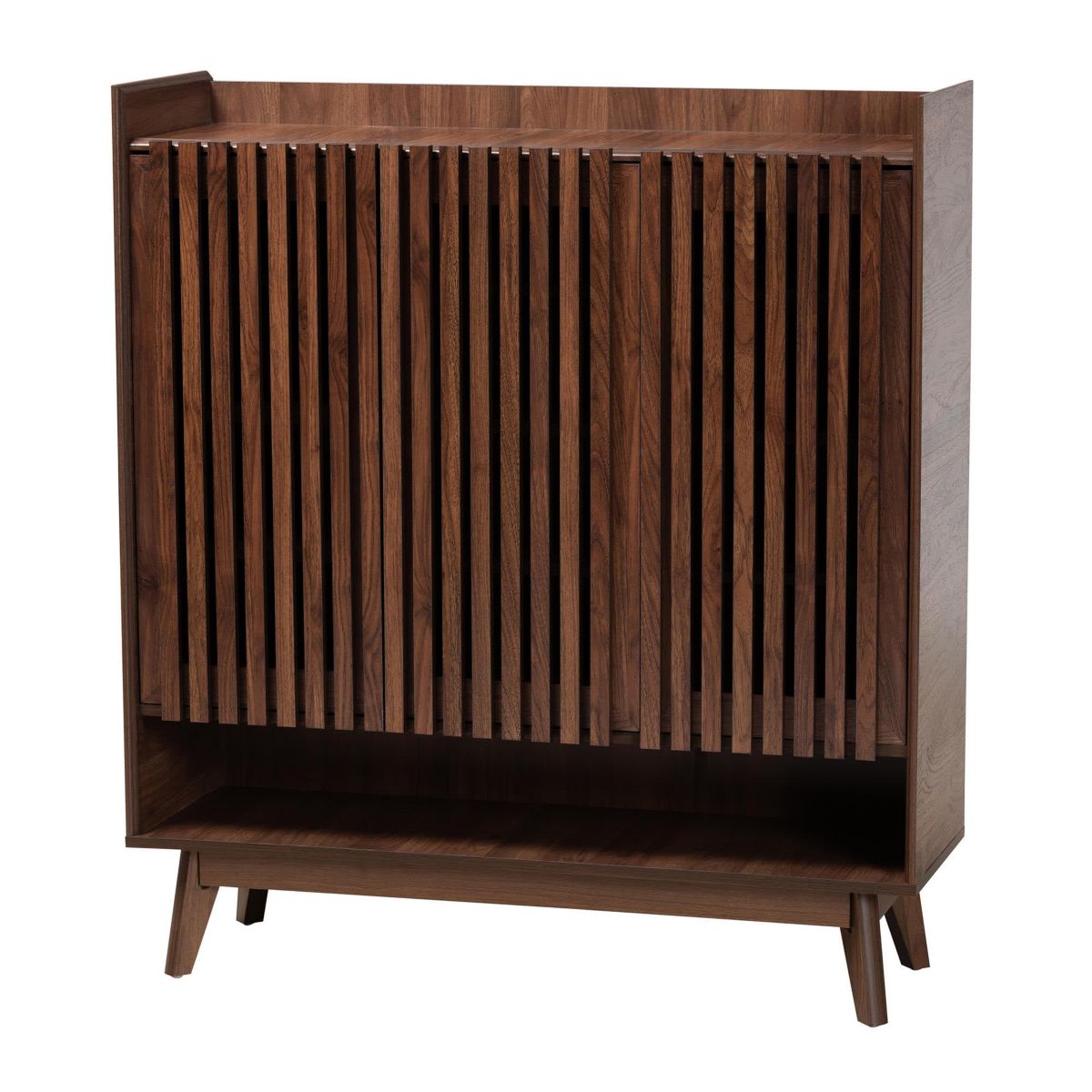 Delaire Mid-Century Modern Walnut Brown Finished Wood Shoe Cabinet
