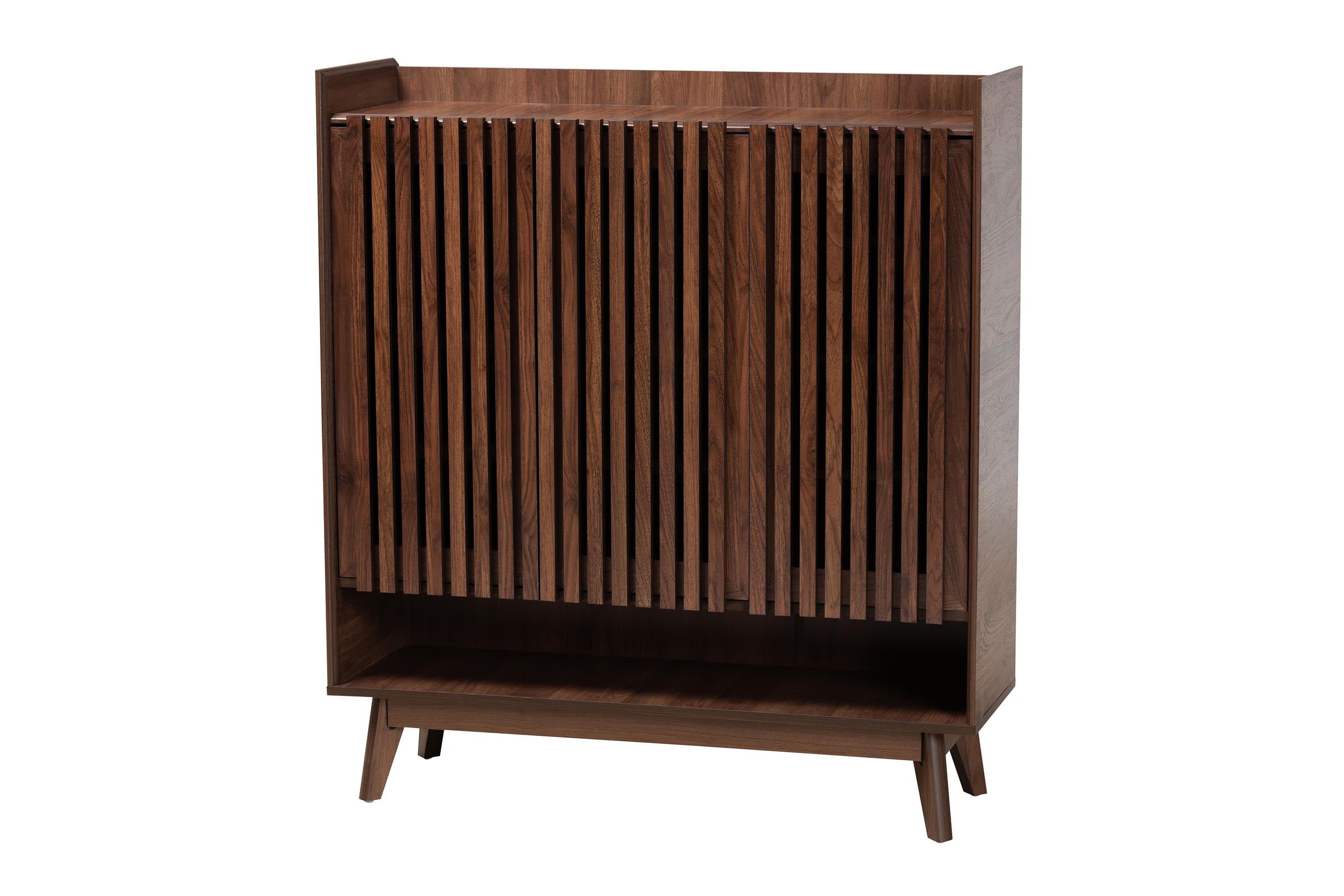 Delaire Mid-Century Modern Walnut Brown Finished Wood Shoe Cabinet