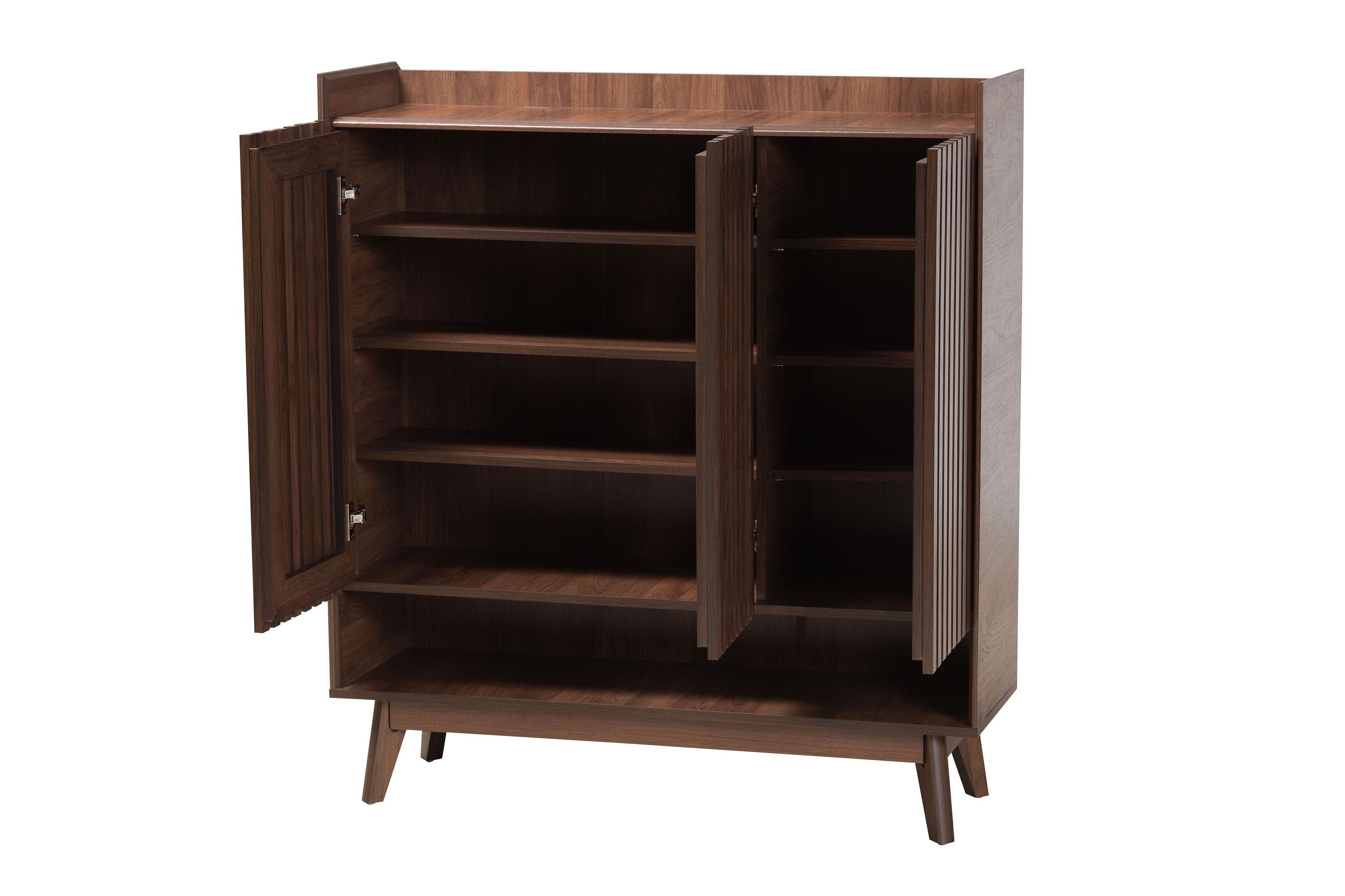 Delaire Mid-Century Modern Walnut Brown Finished Wood Shoe Cabinet