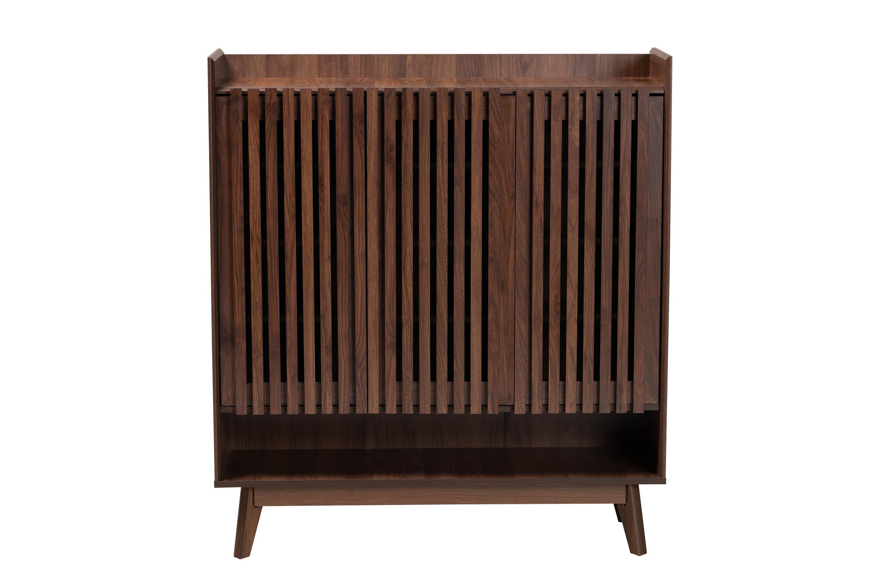 Delaire Mid-Century Modern Walnut Brown Finished Wood Shoe Cabinet