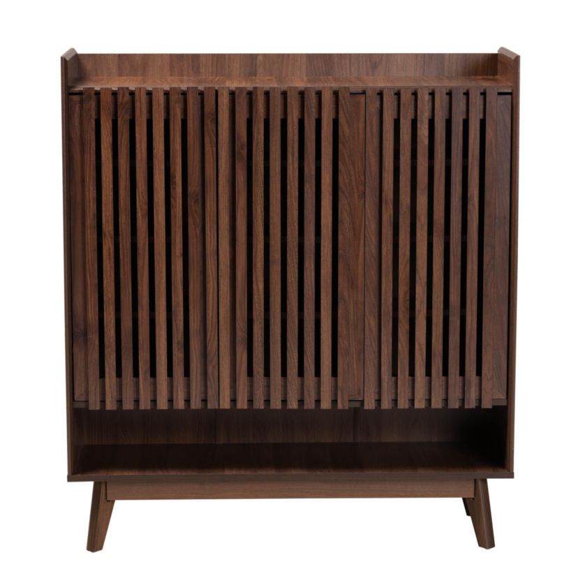 Delaire Mid-Century Modern Walnut Brown Finished Wood Shoe Cabinet