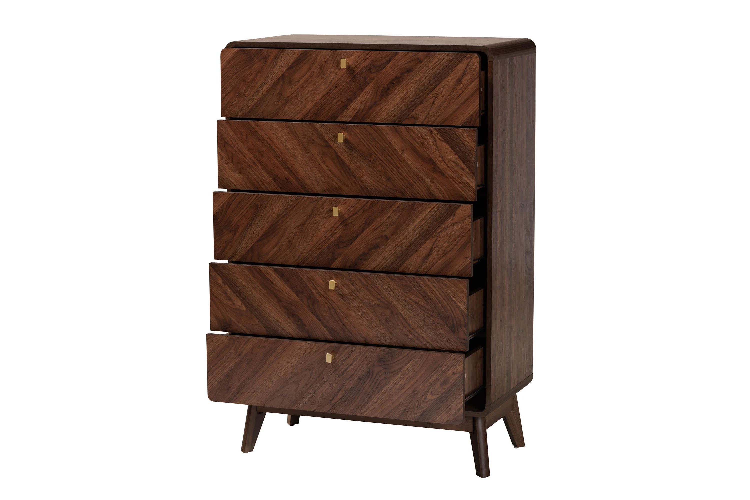 Markell Mid-Century Modern Transitional Walnut Brown Finished Wood 5-Drawer Storage Chest