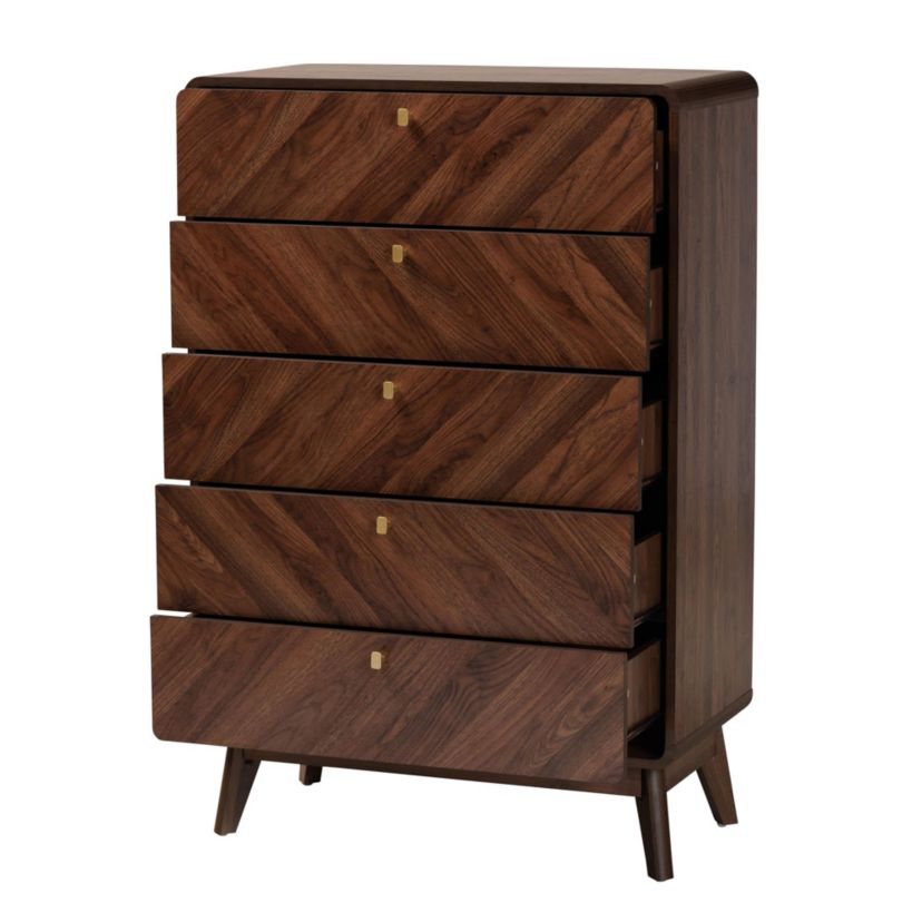 Markell Mid-Century Modern Transitional Walnut Brown Finished Wood 5-Drawer Storage Chest