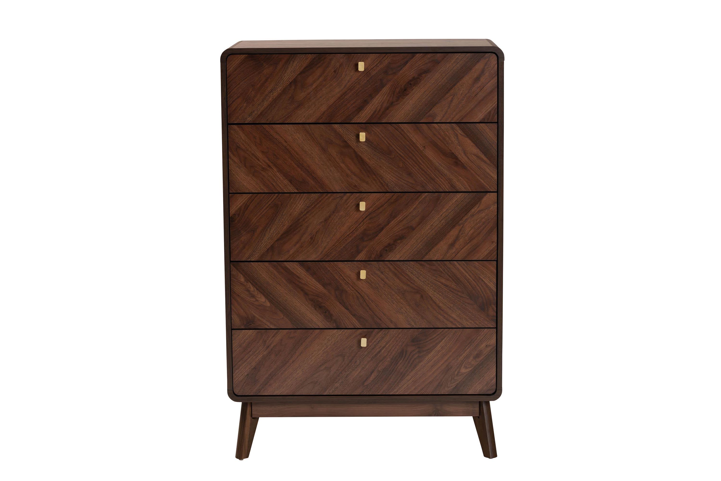 Markell Mid-Century Modern Transitional Walnut Brown Finished Wood 5-Drawer Storage Chest