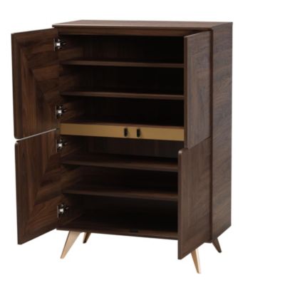 Graceland Mid-Century Modern Transitional Walnut Brown Finished Wood Shoe Cabinet