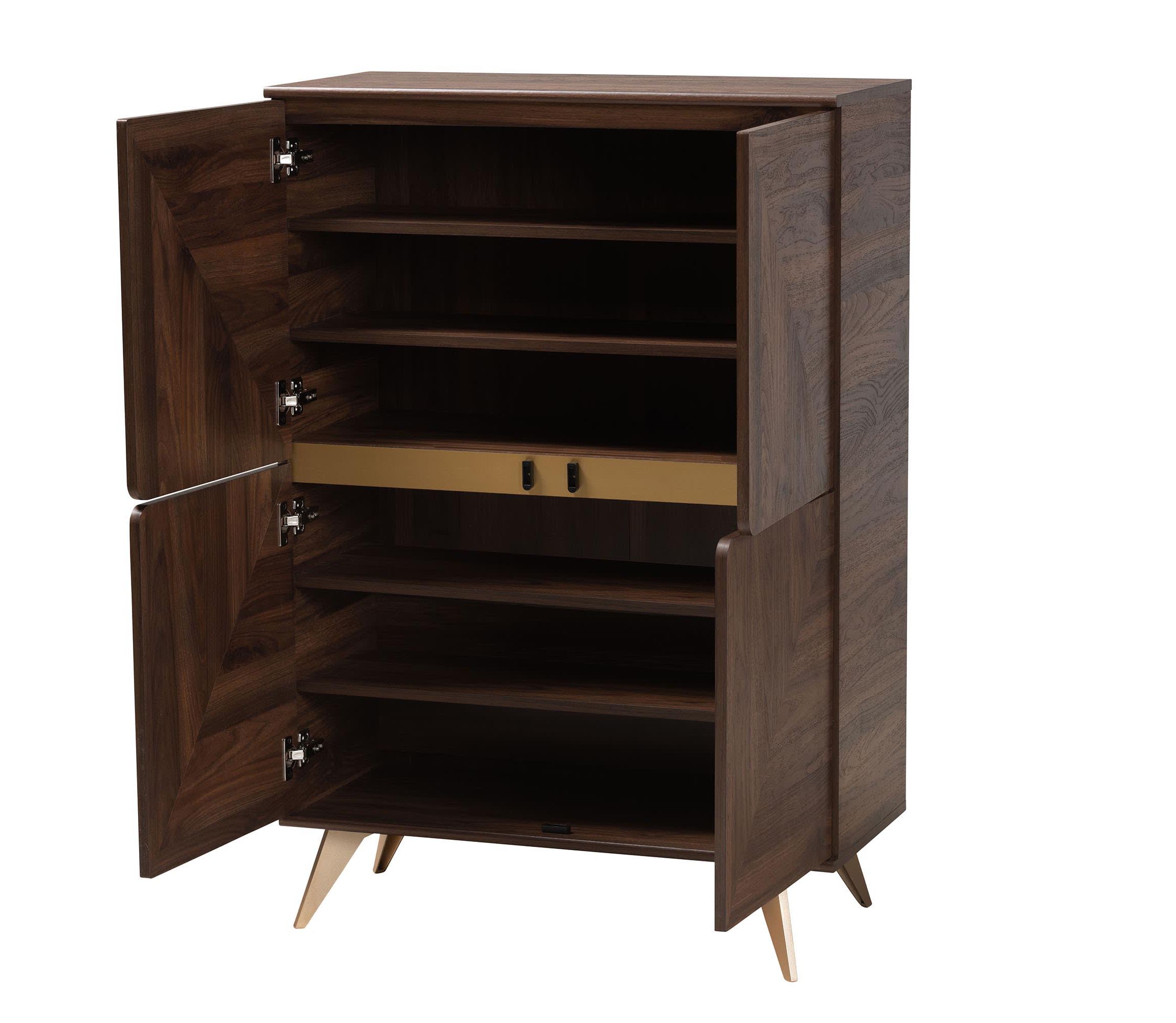 Graceland Mid-Century Modern Transitional Walnut Brown Finished Wood Shoe Cabinet