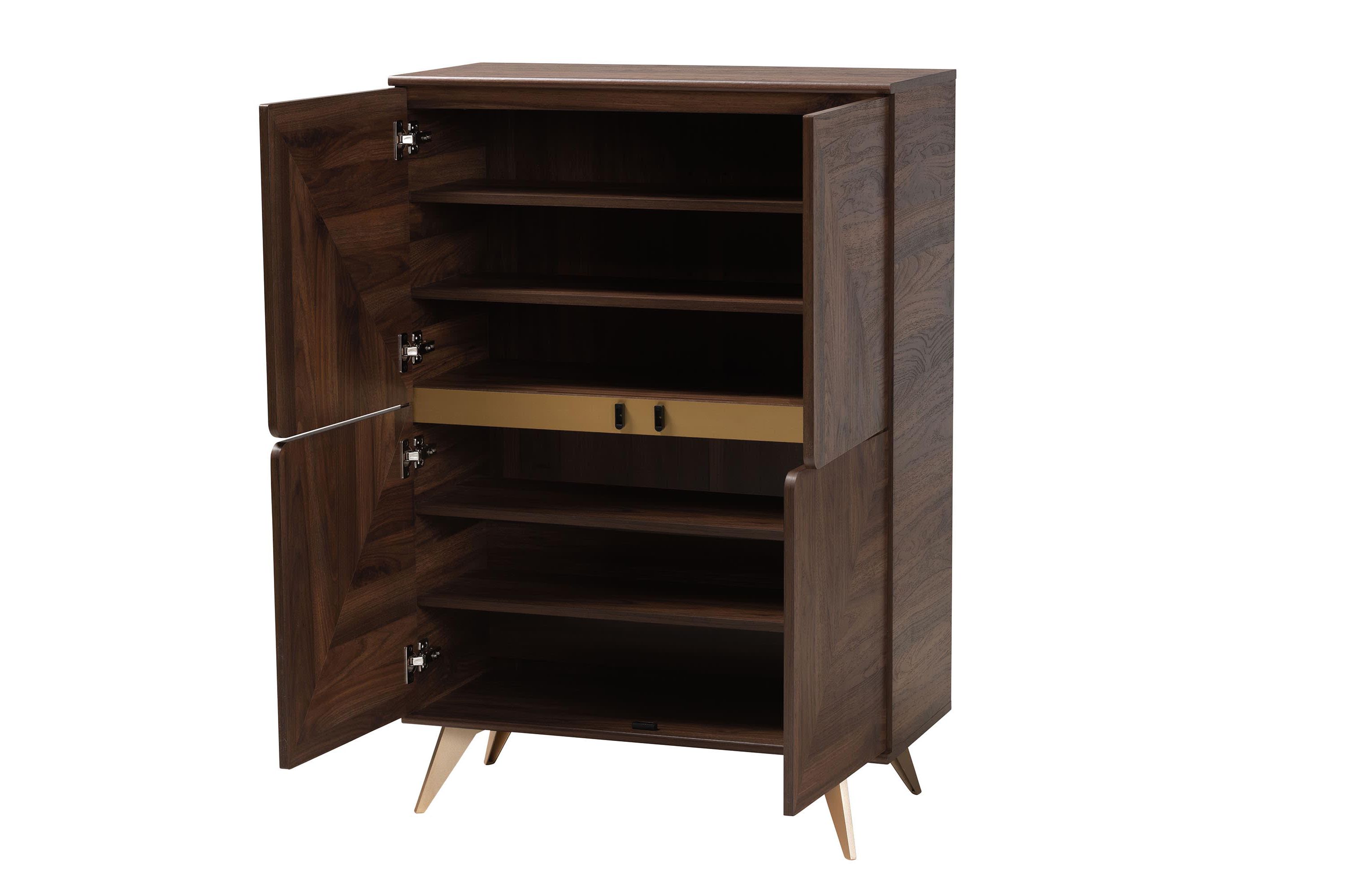 Graceland Mid-Century Modern Transitional Walnut Brown Finished Wood Shoe Cabinet