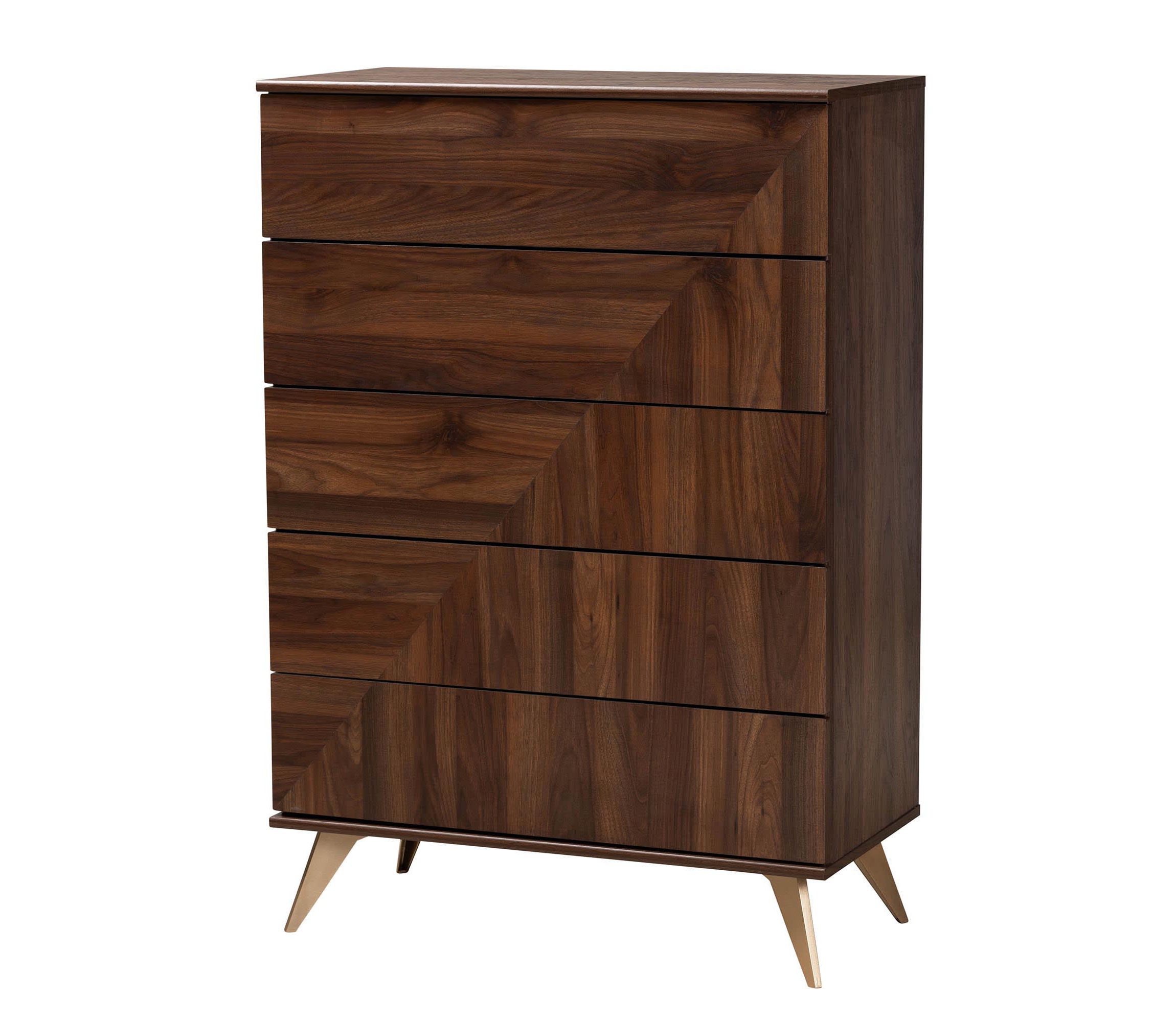 Graceland Mid-Century Modern Transitional Walnut Brown Finished Wood 5-Drawer Storage Chest