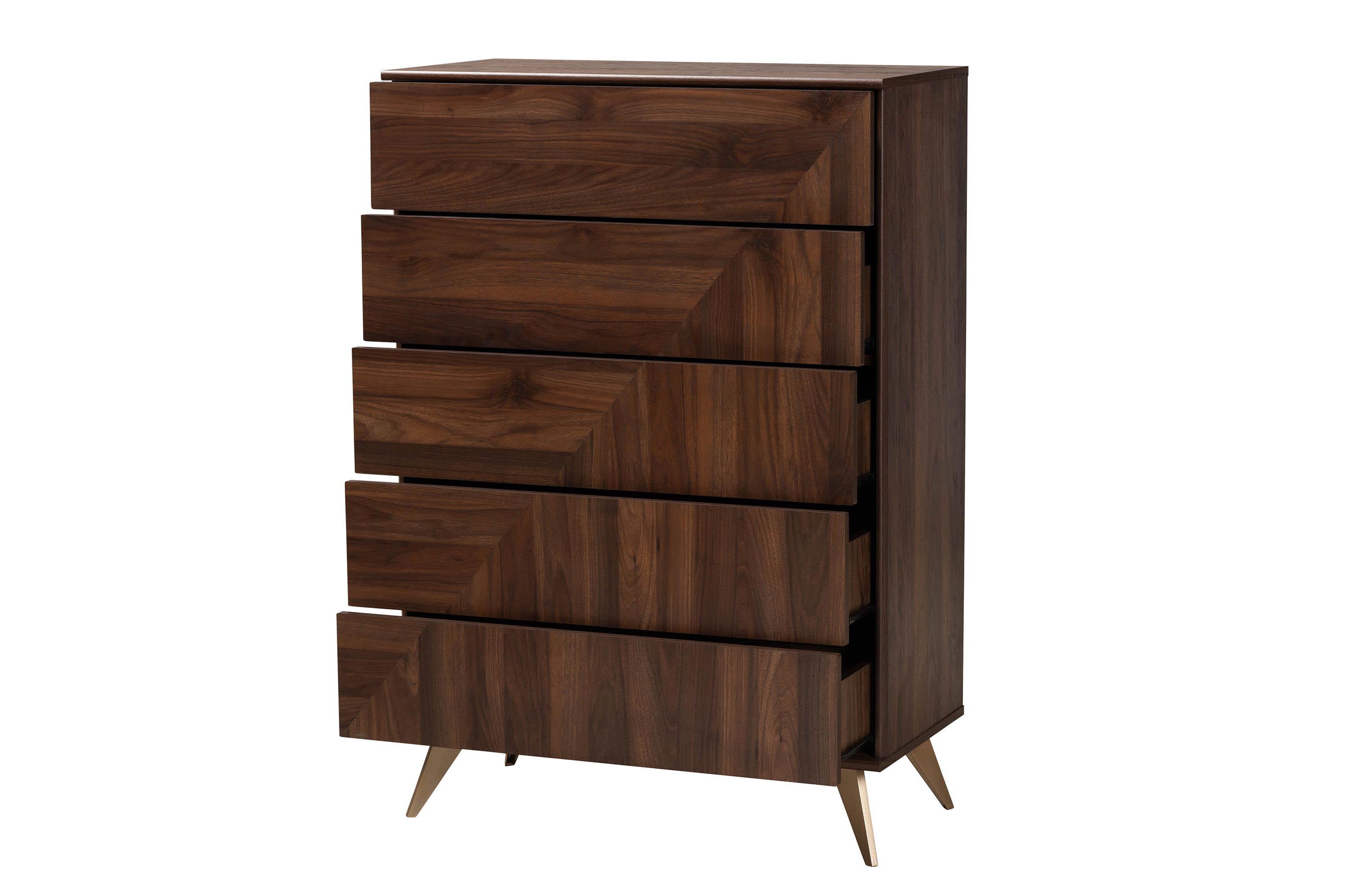 Graceland Mid-Century Modern Transitional Walnut Brown Finished Wood 5-Drawer Storage Chest