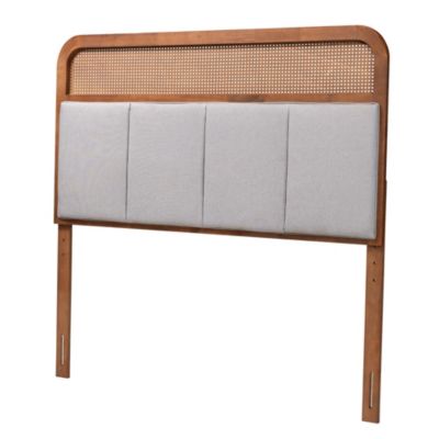 Baxton Studio Esti Mid-Century Modern Light Grey Fabric and Ash Walnut Finished Wood King Size Headboard with Rattan -  0193271349531