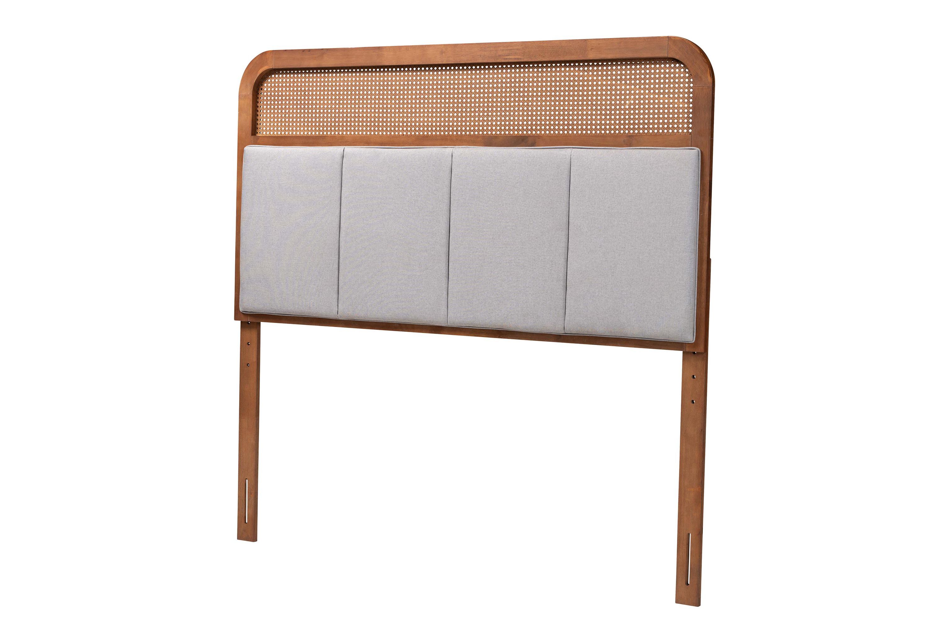 Esti Mid-Century Modern Light Grey Fabric and Ash Walnut Finished Wood King Size Headboard with Rattan
