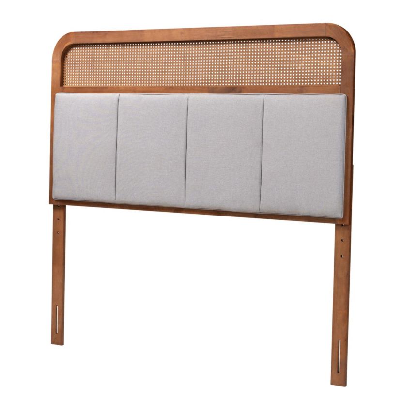 Esti Mid-Century Modern Light Grey Fabric and Ash Walnut Finished Wood King Size Headboard with Rattan