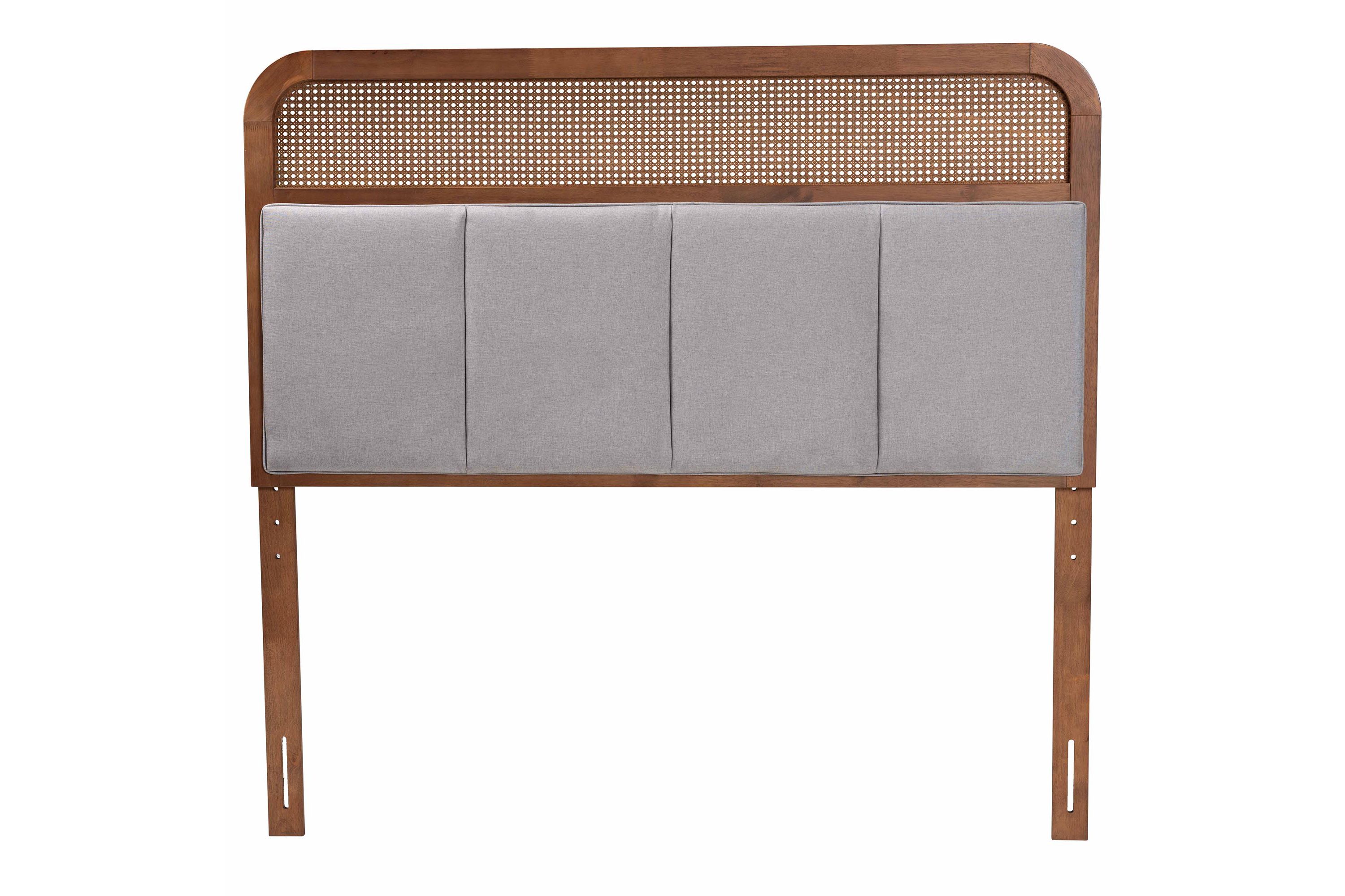Esti Mid-Century Modern Light Grey Fabric and Ash Walnut Finished Wood King Size Headboard with Rattan