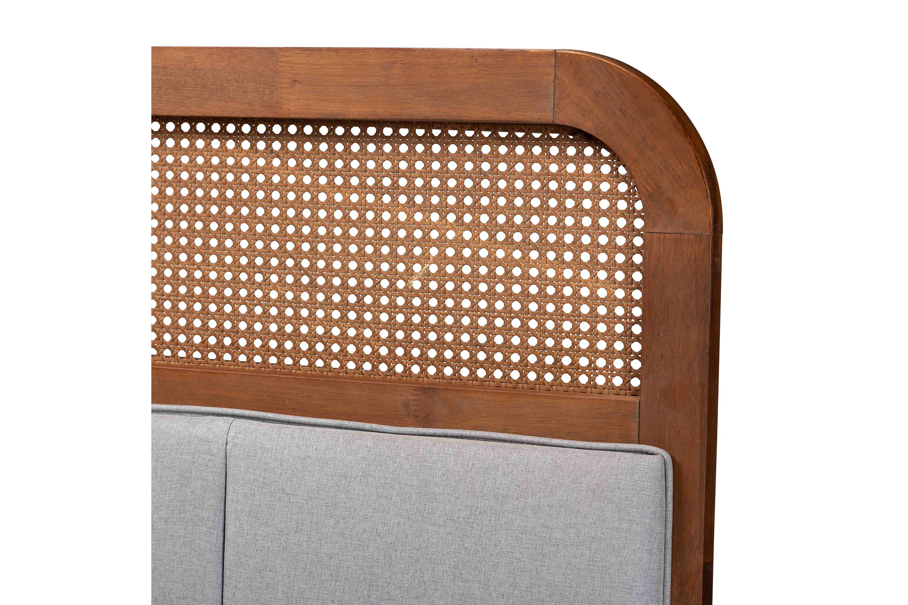Esti Mid-Century Modern Light Grey Fabric and Ash Walnut Finished Wood King Size Headboard with Rattan