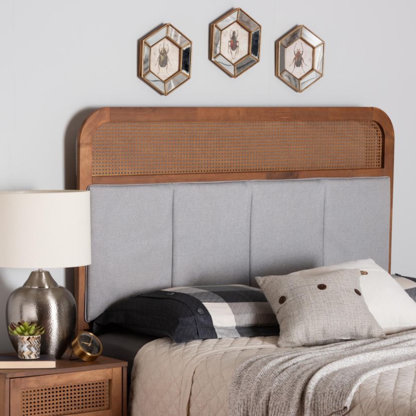 Esti Mid-Century Modern Light Grey Fabric and Ash Walnut Finished Wood King Size Headboard with Rattan
