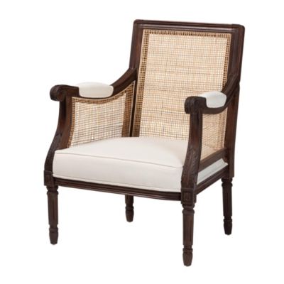 bali & pari Desmond Beige Fabric Upholstered and Dark Brown Finished Natural Rattan Armchair