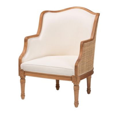 bali & pari Elizette Beige Fabric Upholstered and Honey Oak Finished Armchair with Natural Rattan Woven Accents