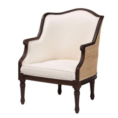 bali & pari Ornella Beige Fabric Upholstered Armchair with Natural Rattan Woven Accents, Brown