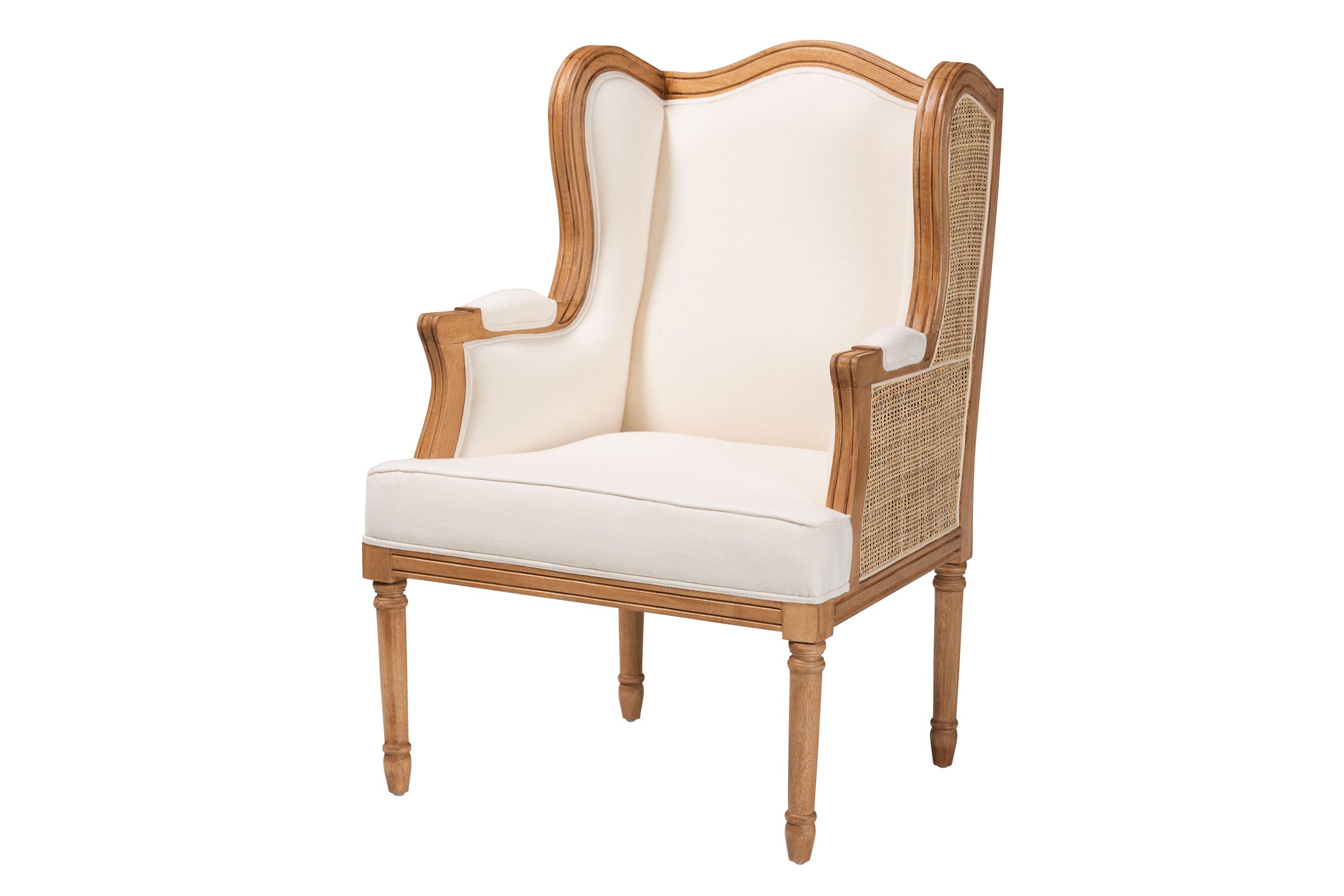 Rachana Beige Fabric Upholstered and Honey Oak Finished Armchair with Natural Rattan Woven Accents