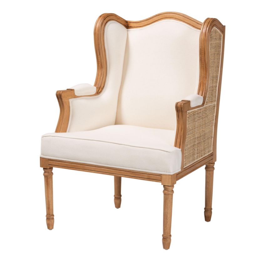 Rachana Beige Fabric Upholstered and Honey Oak Finished Armchair with Natural Rattan Woven Accents