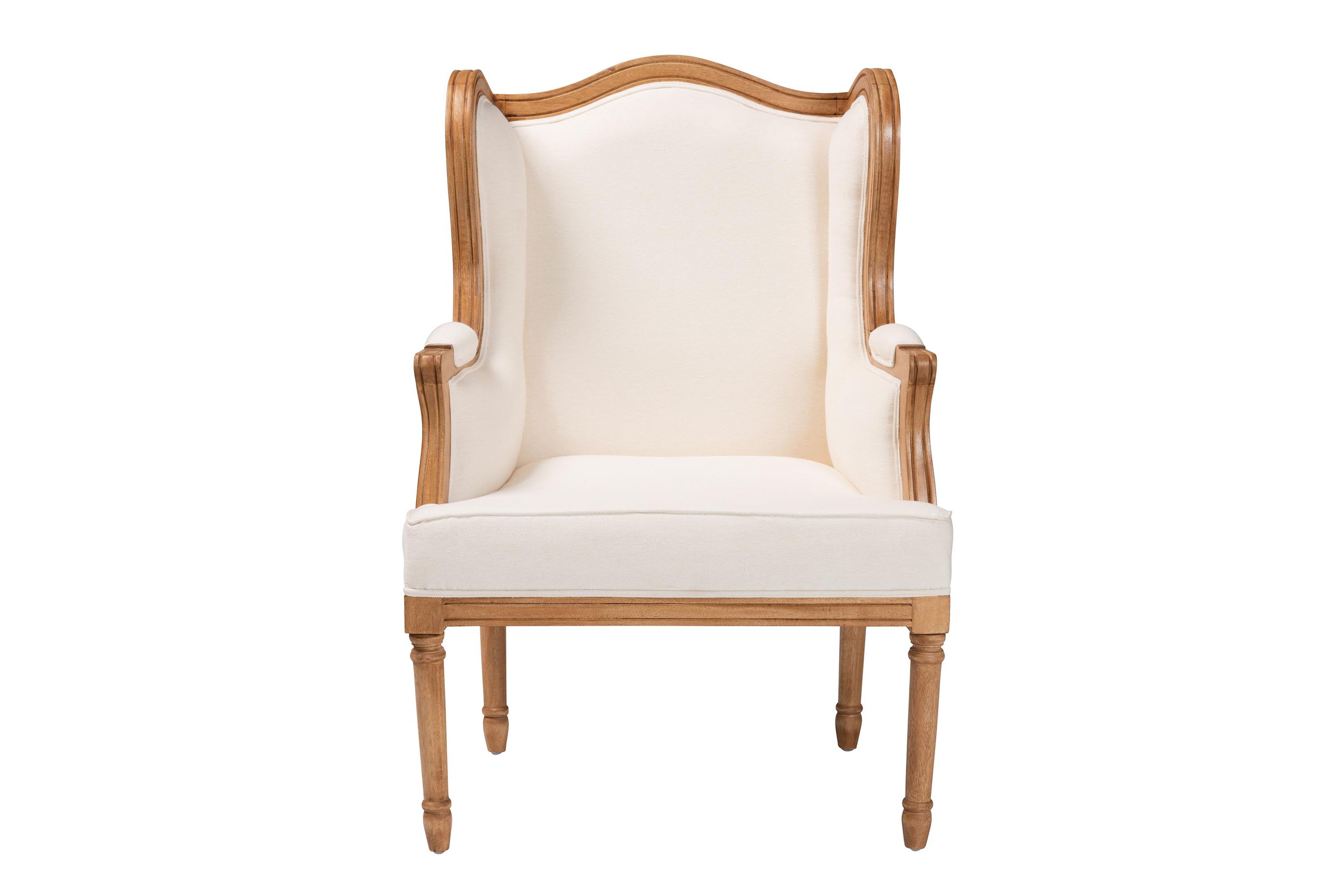 Rachana Beige Fabric Upholstered and Honey Oak Finished Armchair with Natural Rattan Woven Accents