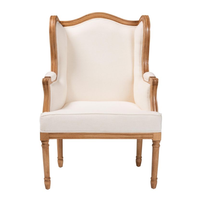 Rachana Beige Fabric Upholstered and Honey Oak Finished Armchair with Natural Rattan Woven Accents