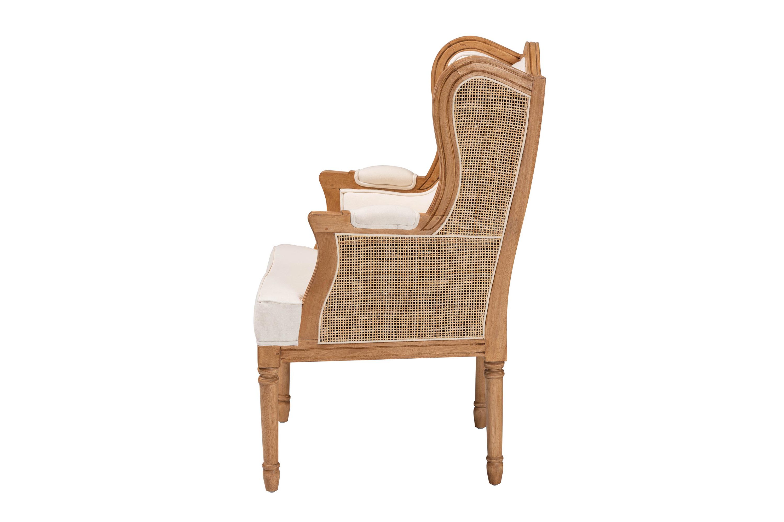 Rachana Beige Fabric Upholstered and Honey Oak Finished Armchair with Natural Rattan Woven Accents