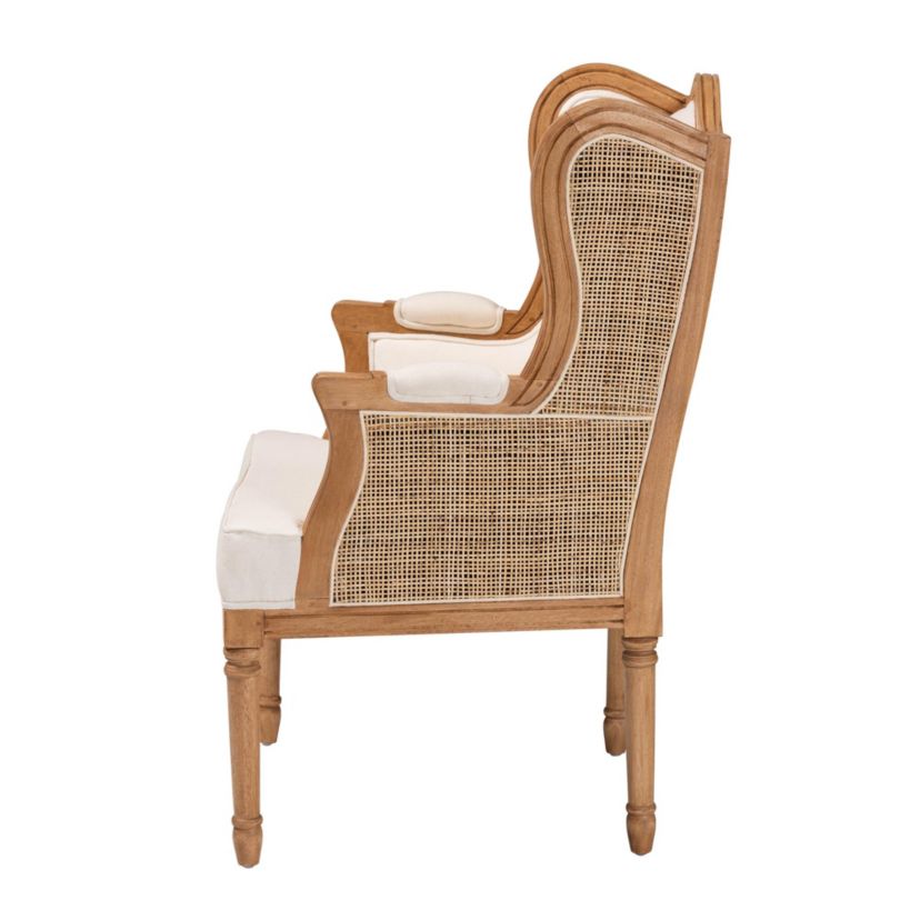 Rachana Beige Fabric Upholstered and Honey Oak Finished Armchair with Natural Rattan Woven Accents