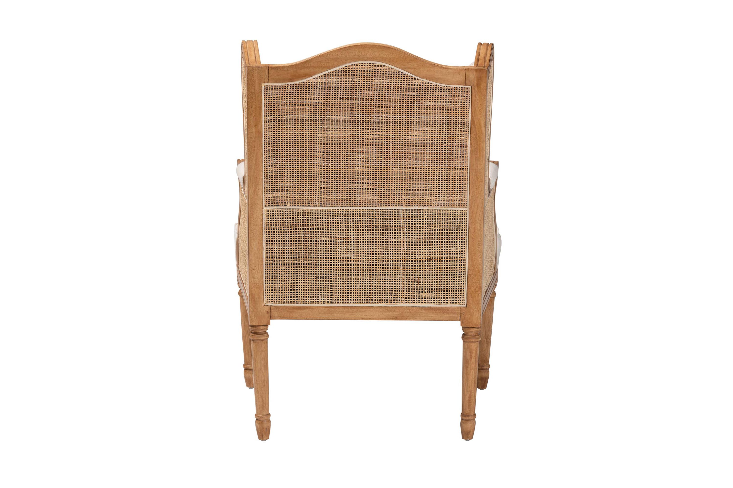 Rachana Beige Fabric Upholstered and Honey Oak Finished Armchair with Natural Rattan Woven Accents